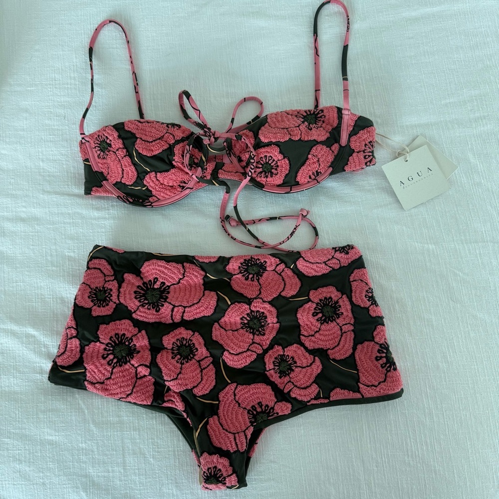 Agua by Agua Bendita Pink and Black Floral  Hand-Embroidered Bikini - Picture 4 of 5